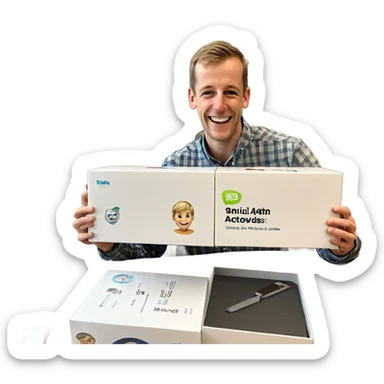 smiling boy with box indoors sticker