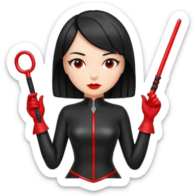 madam with straight bob black hairstyle in black latex with red whip in hand sticker