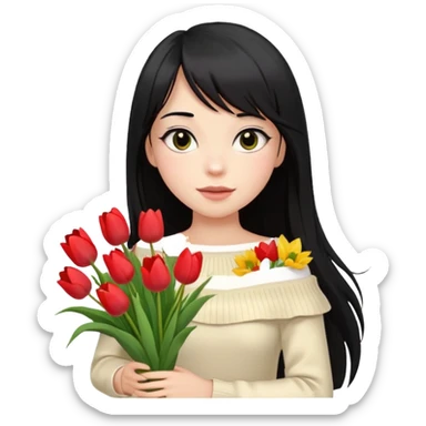 a girl with long black hair, thin bangs, black eyes, wearing a cream off-shoulder sweater, holding a bouquet of tulips, emoji style sticker