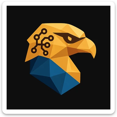 Create a mini icon version of the abstract eagle head logo in the same polygonal style and color palette. Make it compact and optimized for small sizes, adding a subtle AI element such as a digital brain pattern or neural network motif. Ensure the mini logo remains clean and recognizable. sticker