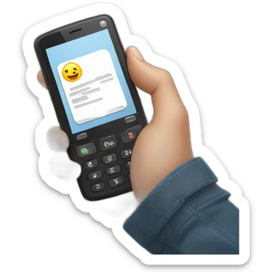 Hand holding a clamshell design flip phone and texting sticker