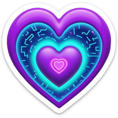 A glowing blue-to-purple neon heart with a small galaxy and green digital hacker code inside. Futuristic, gamer, magical, and powerful. 💚🌌🔥 sticker