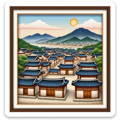 Cinematic Realistic Bukchon Hanok Village Landmark Emoji, depicted with traditional Korean houses set against a scenic backdrop rendered with detailed textures and warm, inviting lighting. sticker