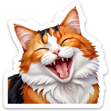 Cinematic Cute Yawning Calico Cat Portrait Emoji, Head tilted mid-yawn with a charming, relaxed expression, showcasing a soft patchwork fur of vibrant orange, black, and white, simplified yet irresistibly adorable, highly detailed, glowing with a cozy, gentle radiance, high shine, exuding sleepy yet endearing charm, styled with a soft glowing outline, capturing the essence of a calico cat caught in a delightful yawn that seems ready to cuddle up for a nap! sticker