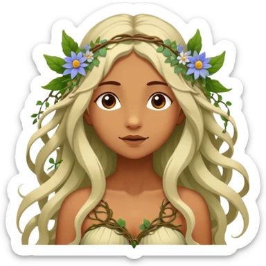 Cinematic Realistic Forest Nymph Fairy Portrait, depicted with lifelike, sun-kissed tanned skin that radiates an earthy glow, softly illuminated by natural, dappled light. Her long, flowing hair is intricately detailed and interwoven with delicate vines and wildflowers, while her deep, soulful eyes mirror the wisdom of the forest. Dressed in an attire inspired by nature’s palette—with subtle botanical motifs—the portrait exudes a soft, enchanted glow that melds realism with woodland magic. sticker