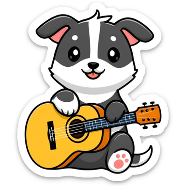 cute puppy with acoustic guitar, sitting sticker