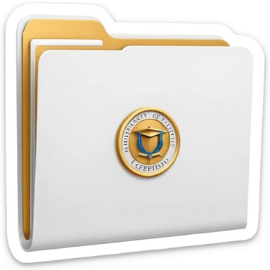 A simple emoji-style icon of a white textured paper folder, clean and formal, with sharp edges, minimal shading, and an embossed university degree/certification seal on the front, conveying academic achievement and official records. white white white  sticker