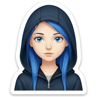 white girl with blue eyes long straight dark blue hair wearing black hoodie with hood off sticker