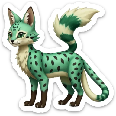Epic complex detailed dark-emerald-green dark-brown beige pastel realistic aesthetic-scenic-Fakémon-Sprigatito-Floragato-Meowscarada-Trico-Sergal-Serval-Vernid-creature (full body) sticker