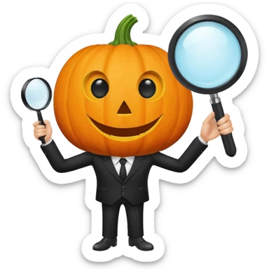 A pumpkin smiling at a magnifying glass (the magnifying glass has a suit thats black, the magnifying glass also has one eye in the middle turn the magnifying glass into a living person give the magnifying glass Normal looking eyes and give it actual arms and legs  sticker