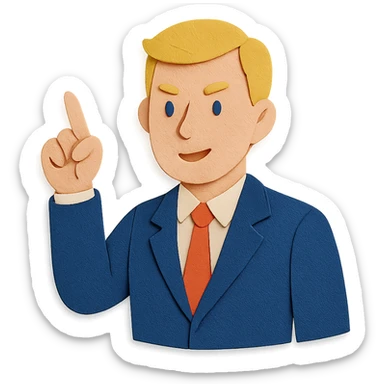 Confident male leader, Caucasian, short neat blonde hair, sharp eyes, indigo jacket, one arm raised gicing direction, waist-up, front-facing sticker