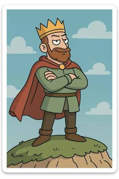 cartoon style, a king with a red cape and golden crown on a hill, arms crossed, confident expression, blue sky sticker