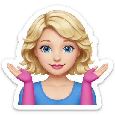 Girl Blonde short wavy hair,  blue eyes, cute blue top, long lashes, pink lips, smiling, making an x with arms  sticker