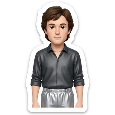 Paul McCartney with brown eyes, dark brown hair, dark gray metallic shirt, light gray metallic baggy pants, silver necklace sticker