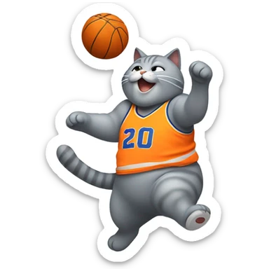 grey fat cat playing dunking basketball  sticker