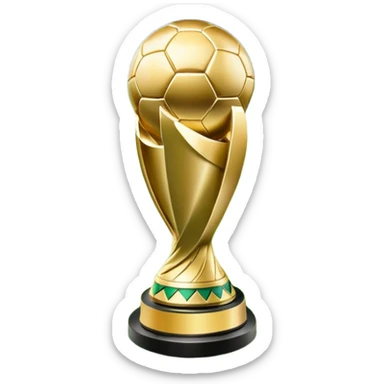 A football resting on the green grass of a soccer field, with goalposts and field markings in the background. In the foreground, the UEFA World Cup trophy gleams, symbolizing the pinnacle of football achievement, adding an element of prestige and competition to the scene. sticker
