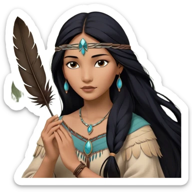 Cinematic Realistic Pocahontas Portrait, depicted with lifelike skin texture, soft natural lighting, and intricately detailed long, flowing raven-black hair that moves gracefully in the wind. Her deep, soulful dark brown eyes exude wisdom and strength, complemented by a serene yet powerful expression. She is shown gently holding a feather in one hand, her other hand resting lightly at her side, embodying the harmonious balance between nature and herself. She is dressed in her classic one-shoulder native American dress, with rich fabric textures and delicate beaded details that catch the light beautifully. The portrait features a soft, sun-kissed glow with a natural, radiant finish, capturing the essence of untamed beauty and deep connection to nature in a realistic and painterly style, evoking a sense of depth and authenticity. sticker