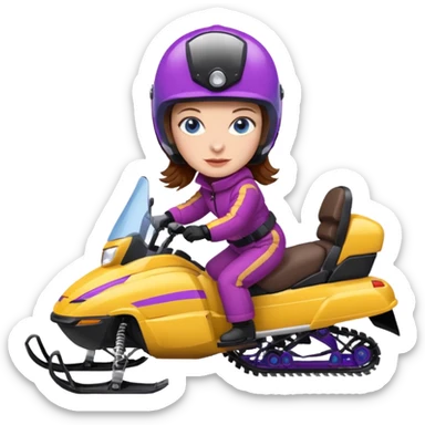 Brown hair, very blue eyes, Woman wearing red coat  on purple and yellow striped snowmobile sticker
