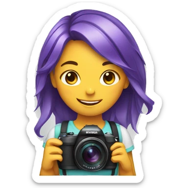 smiling girl with multicolored hair holding a camera sticker