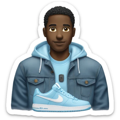 Make a black man whit a polo hoddie and light blue jean and Nike air sticker