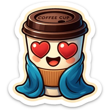 Ink wash style, coffee cup creature, big heart eyes, dopey smile sticker