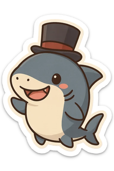 cute shark with a fancy top hat, playful expression, adorable cartoon style sticker
