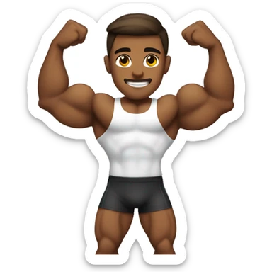 Bodybuilder with a brown tan, dark slick back hair, flexing his biceps sticker