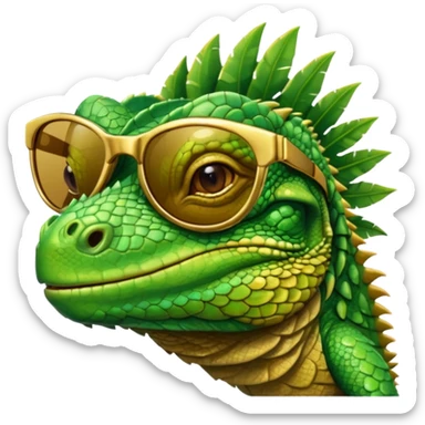 rich iguana head with golden glossy sunglasses sticker