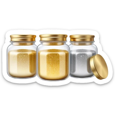 Cinematic Realistic Glitter Jars, elegant glass containers filled with ultra-fine shimmering gold and silver dust, light catching the tiny specks in a mesmerizing glow, slightly open lids revealing the rich, sparkling texture inside, set against a softly blurred background, radiating a sense of enchantment and wonder. sticker