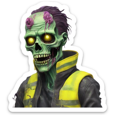 .Zombie_ with prosthetic vaporwave black holographic oilslick zombie unicorn yellow caution tape sticker