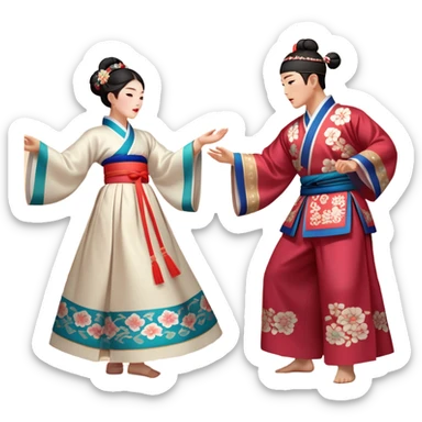 Cinematic Realistic scene of two performers engaging in Ganggangsullae, dressed in traditional Korean costumes with intricate patterns and graceful movements, illuminated by soft, festive lighting that accentuates the cultural ambiance sticker