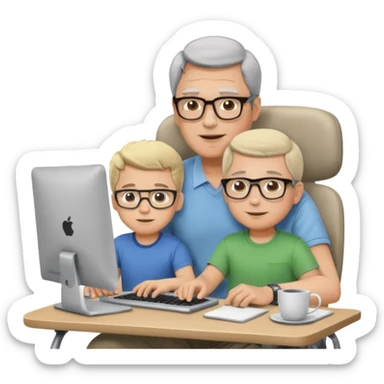 Middle aged man with glasses working at his desk, with his child sitting behind him on the head rest of his chair looking at his computer sticker