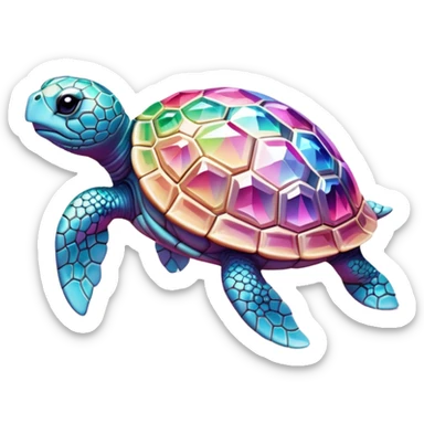 Photorealistic turtle sculpted from sparkling pink diamond, intricate facets, rainbow light refraction, crystal clear texture, luxury jewelry aesthetic, studio photo.. sticker