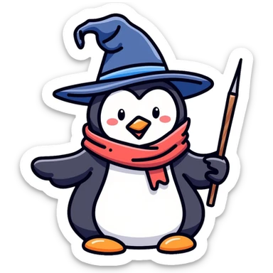 Penguin dressed as a wizard with a magical wand and pointy wizard hat sticker