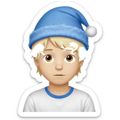 create boy blonde hair long messy, light eyes, white t shirt, rich, long hair, eyes blue, acessory head cristimas blue hat, fluffy hair medium long hair sticker
