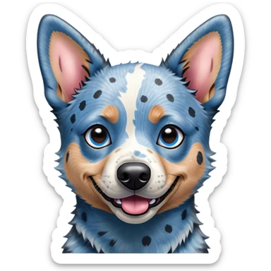 Cinematic Comical Blue Speckle Australian Cattle Dog Portrait Emoji, Head tilted dramatically with an exaggeratedly amused expression, featuring a striking blue speckle Fur with bold patterns, wide, expressive blue eyes filled with playful disbelief, Simplified yet hilariously expressive features, highly detailed, glowing with a slightly sassy glow, high shine, dramatic yet playful, stylized with an air of cheeky charm, bright and endearing, soft glowing outline, capturing the essence of a spirited and over-the-top herder, so meme-worthy it feels like it could side-eye its way into internet fame instantly! sticker