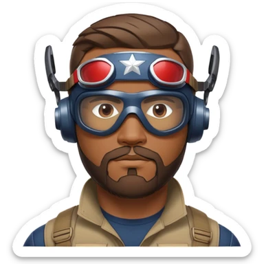 sam wilson with very short hair, close to the scalp and  a well-groomed beard that connects to his mustache,  wear sleek, red-tinted tactical goggles fit snugly from captain america: civil war sticker