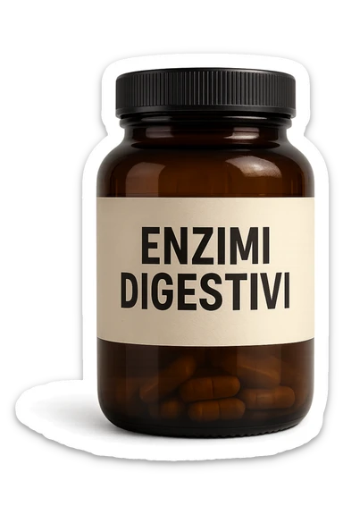 barattolo di integratore con la scritta "ENZIMI DIGESTIVI", iperrealistico 4k sticker