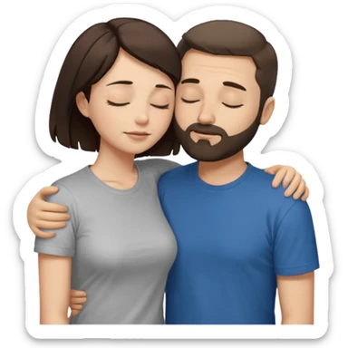 draw a man and a woman hugging each other passionately. looking toward each other. woman has short hair. man has short hair and beard. draw them with closed eyes. woman has dark brown hair. and man has light brown. make them both wearing t shirts. make them look a bit more desirous. sticker