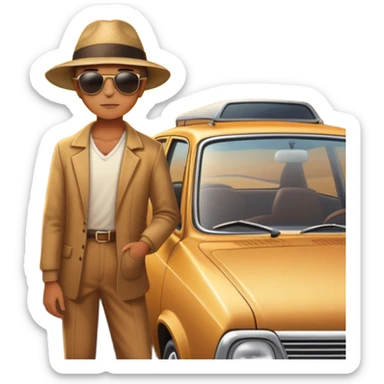 A parked car rests on the side of a long with a person outside , empty road stretching toward a golden sunset. The sky glows with warm colors, and the landscape ahead feels open, peaceful, and full of promise. love  sticker