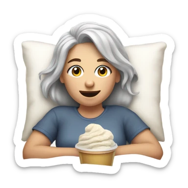 a caucasian gray hair girl laying in bed while watching tv and eating icecream sticker