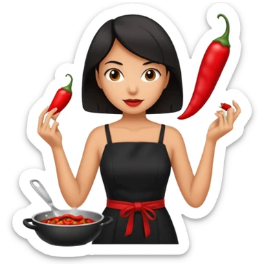 black short shoulder length hair tanned woman, black dress cooking, holding chili pepper sticker