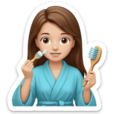 clean white girl long brown hair in robe brushing teeth hair up after shower  sticker
