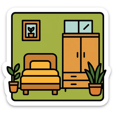 Organizing bedroom with olive green walls, wood bed, plants around, and wood closet sticker