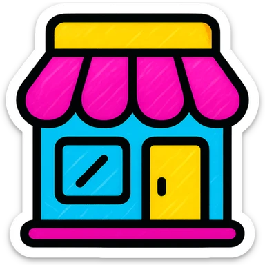 icon of a store, extremely eye catching, neon colors, playful style, dynamic shapes sticker