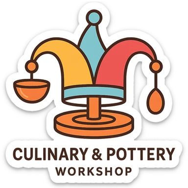 branding logo for culinary and pottery workshop featuring a jester's hat with subtle ceramic glaze, pottery wheel base, one bell is a clay bowl, another is a wooden spoon, warm inviting colors yellow, sky blue, raspberry red, playful and elegant sticker