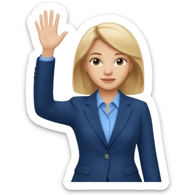 Make emoji of business woman with light skin and medium blonde hair in a dark blue business suit and light blue shirt waiving to new clients sticker