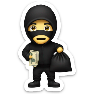 Thief wearing all black clothes actively stealing a money bag with the words Top Tier embroidered on it sticker