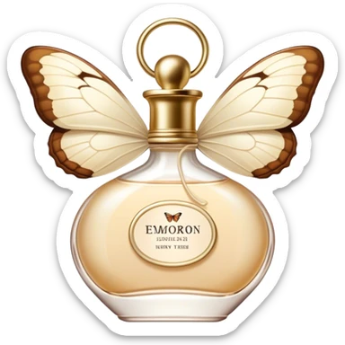A delicate butterfly with wings in ivory and beige, and a flacon of vintage-style cream aesthetic perfume sticker