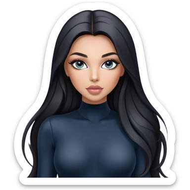 Glamours, tanned, very beautiful girl, with big pump peach-beige-rose lips, long long lashes, black straight smooth silky long hair, straight parting hair, blue-grey eyes in black long-sleeves bodysuit sticker